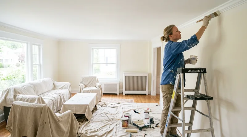 Schilder rolt een nieuwe laag muurverf in een woonkamer